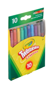 Features MINI TWISTABLE CRAYONS: 10 Count Mini Twistables Crayons in assorted colors. TWIST UP COLORS: Just twist & color, no sharpening or peeling required PROTECTED COLOR CORE: Each crayon features a clear plastic casing that protects the color core and displays how much color is left. This ensures that the crayons last longer and are easy to use. SAFE & NON TOXIC: Safe for Ages 3 & Up